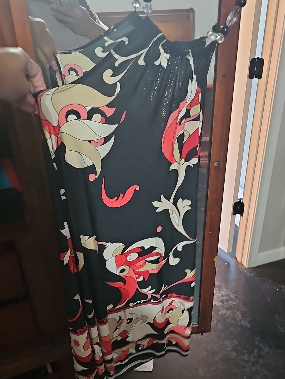 Asian koi Black Maxi Dress with Coral and Cream Abstract Print